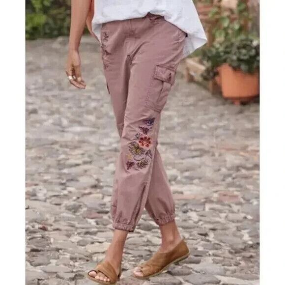 Sundance Pants - Sundance Embroidered Cargo Joggers Dusty Mauve Rose Boho Women's Size 12 Petite